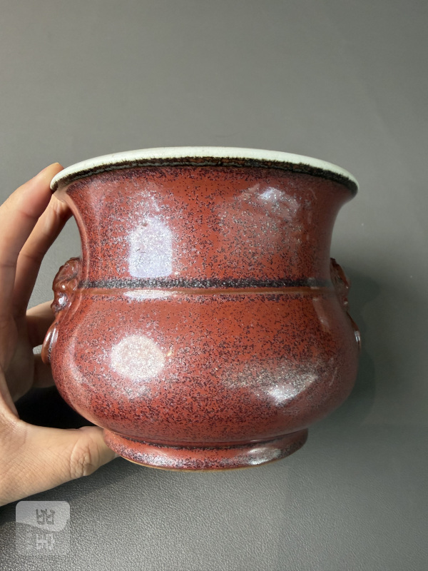 清雍正 铁锈釉狮耳炉 - 图2